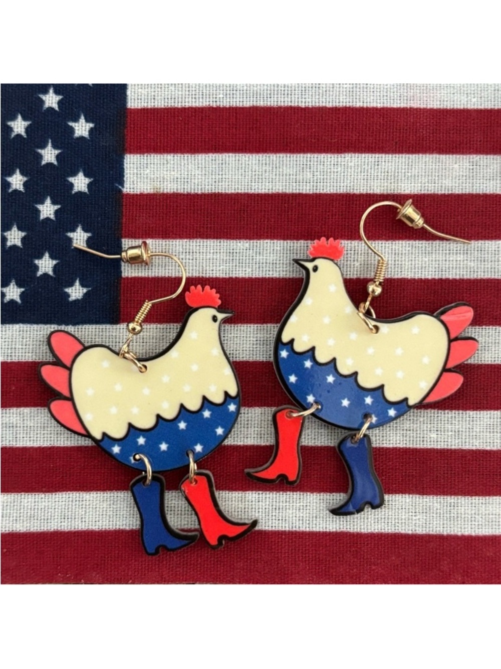 NEW! Patriotic Chicken Dangle Earrings - Red, White & Blue Fourth of July